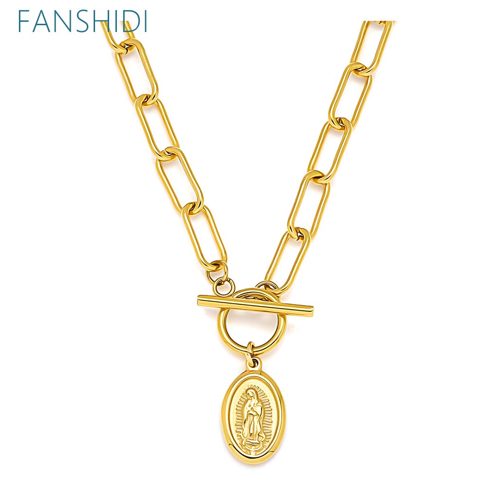 FANSHIDI Oval Virgin Mary Coin Medal Necklace Toggle Choker For Women Stainless Steel Chunky Chain Vintage Jewelry