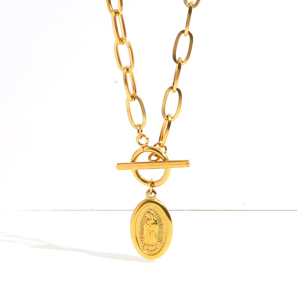FANSHIDI Oval Virgin Mary Coin Medal Necklace Toggle Choker For Women Stainless Steel Chunky Chain Vintage Jewelry