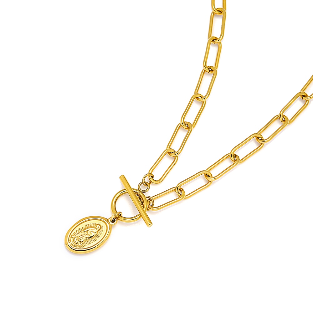 FANSHIDI Oval Virgin Mary Coin Medal Necklace Toggle Choker For Women Stainless Steel Chunky Chain Vintage Jewelry