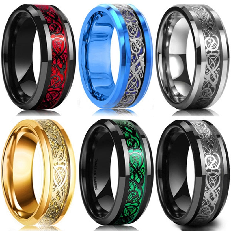 FDLK 8 Colors 8mm Men's Stainless Steel Dragon Ring Inlay Red Green Bl