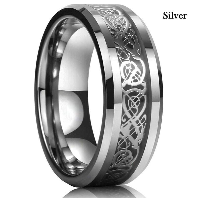FDLK   8 Colors 8mm Men's Stainless Steel Dragon Ring Inlay Red Green Black Carbon Fiber Ring Wedding Band Jewelry Size 6-13