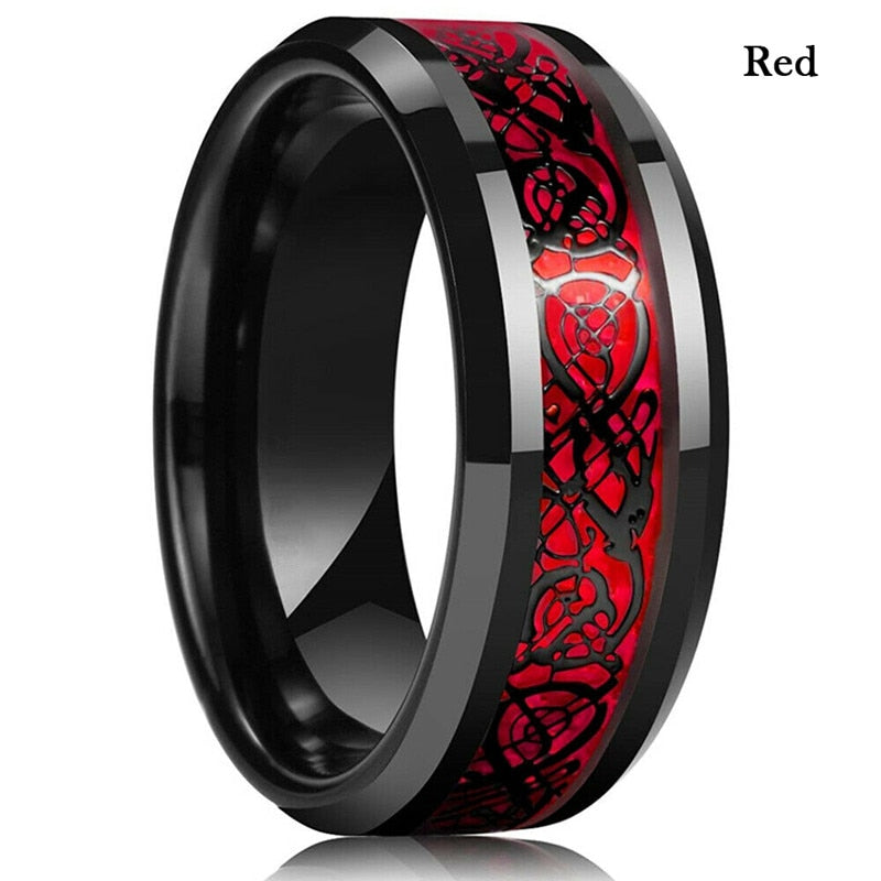 FDLK   8 Colors 8mm Men's Stainless Steel Dragon Ring Inlay Red Green Black Carbon Fiber Ring Wedding Band Jewelry Size 6-13