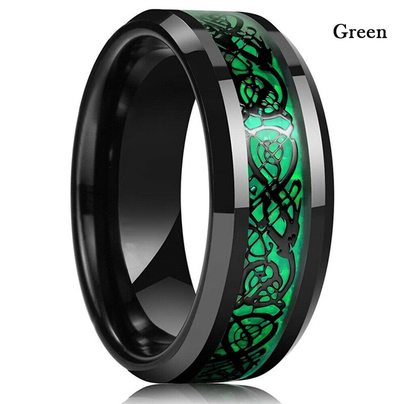 FDLK   8 Colors 8mm Men's Stainless Steel Dragon Ring Inlay Red Green Black Carbon Fiber Ring Wedding Band Jewelry Size 6-13