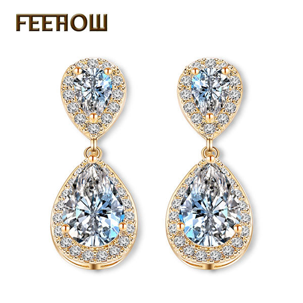 Fashion Elegant Bridal Jewelry Rose Gold Color Teardrop Cubic Zircon Drop Earrings For Women Wedding Party FWEP091