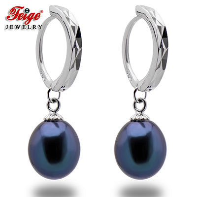 2020 New Black Pearl Hoop Earrings Fine Vintage Jewelry For Womens Gift 925 Sterling Silver Earring 8-9mm Pearl