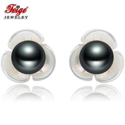 6-7mm Black Pearl Flower Shape Shell 925 Sterling Silver Stud Earrings For Women Exclusive Design Fine Jewelry