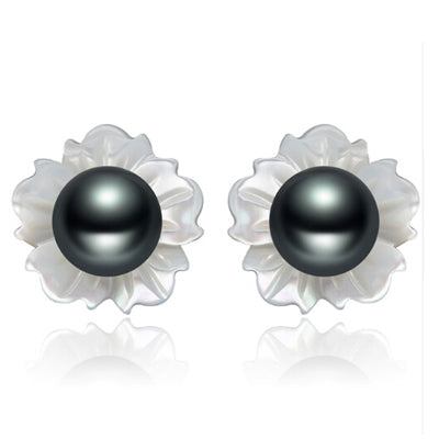 6-7mm Black Pearls 925 Silver Shell Carvings Stud Earrings For Women Brincos Exclusive Design Fine Jewelry