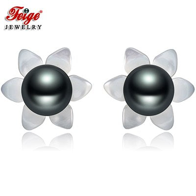 6-7mm Black Pearls Real 925 Sterling Silver Earring For Women's Exclusive Design Shell Carvings Fine Jewelry