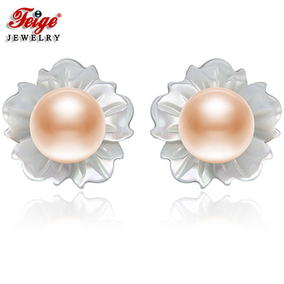 6-7mm Natural Pink Pearls 925 Sterling Silver Shell Carvings Stud Earrings For Women Exclusive Design Fine Jewelry