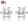 6-7mm Natural White Pearls 925 Sterling Silver Stud Earrings For Women's Exclusive Design Shell Carvings Fine Jewelry