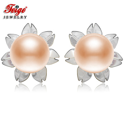 6-7mm Pink Pearls Shell Carvings 925 Sterling Silver Stud Earrings For Women Exclusive Design Fine Jewelry