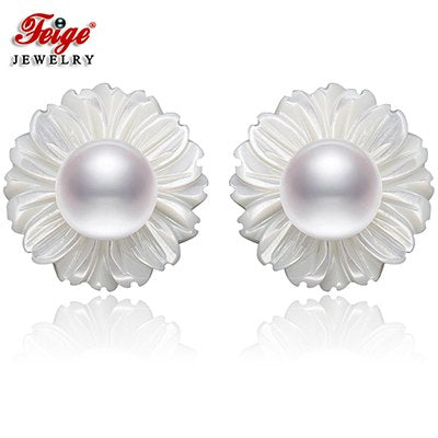 6-7mm White Pearls 925 Silver Shell Carvings Stud Earrings For Women's Brincos Exclusive Design Fine Jewelry