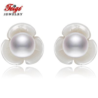 6-7mm White Pearls Flower Shape Shell 925 Sterling Silver Stud Earrings For Women Exclusive Design Fine Jewelry