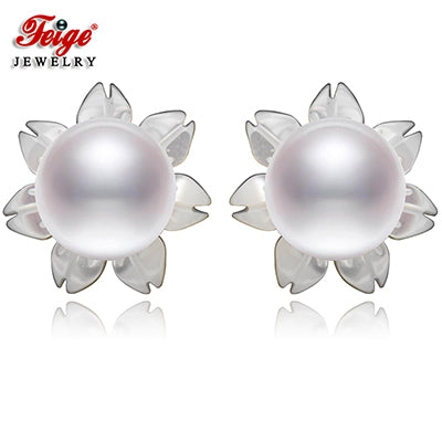 6-7mm White Pearls Shell Carvings 925 Sterling Silver Stud Earrings For Women Exclusive Design Fine Jewelry 834