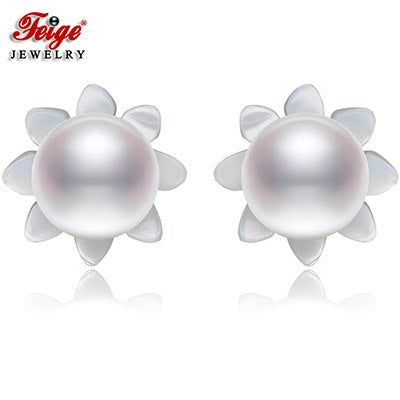 6-7mm White Natural Pearls 925 Sterling Silver Stud Earrings For Women's Exclusive Design Shell Carvings Fine Jewelry