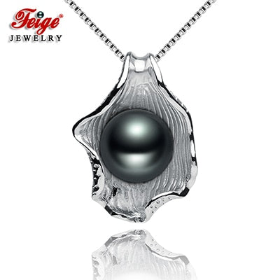 9-10mm Natural Black Pearls Shell-shaped Pendant Necklaces For Women's 925 Sterling Silver Chain Fine Jewelry