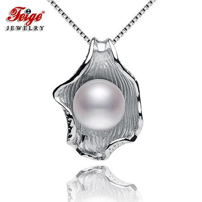 9-10mm Natural White Pearls Shell-shaped Pendant Necklaces For Women's 925 Sterling Silver Chain Pearl Jewelry
