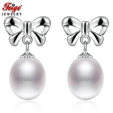 925 Silver Bowknot Earrings 8-9mm White Natural Pearl Earrings for Women Fine Jewelry La moda Pendientes Perla