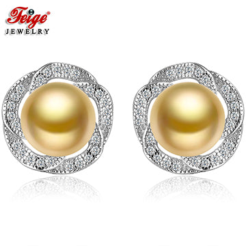 925 Silver Pearl Stud Earrings for Women 8-9MM Golden Pearl Earrings Fashion Style Zirconia Brinco Lady Gift