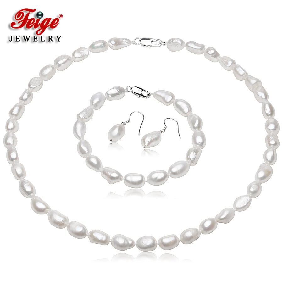 Baroque Style 7-8mm White Natural Pearl Jewelry Set 925 Sterling Silver Earrings Fine Jewelry(AA)