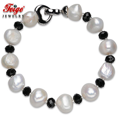 Baroque style 10-11MM White Natural Pearl Jewelry Bead Bracelet For Women Black Crystal Pulsera De Las Mujeres