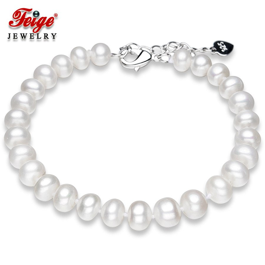 Brand Fine Pearls Bracelets & Bangles Jewelry Classic Style Long for Womens Gift 6.5-7.5mm White Natural Pearl