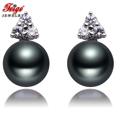 Brand jewelry 8-9mm Bread Shape Black Pearls Stud Earrings 100% 925 Sterling Silver Earrings For Women's