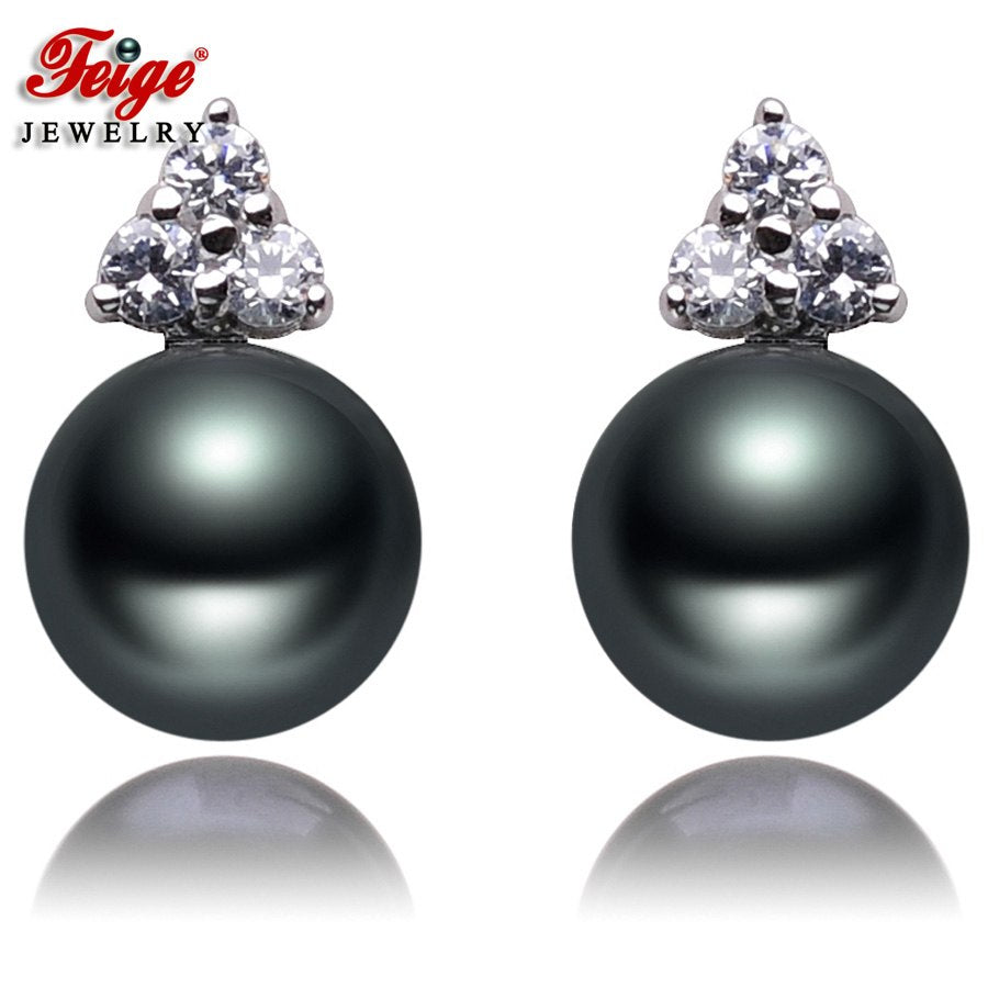 Brand jewelry 8-9mm Bread Shape Black Pearls Stud Earrings 100% 925 Sterling Silver Earrings For Women's