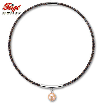 Brown Leather Rope Choker Pendant Necklace 12-13MM Baroque Pink Pearl Necklace Trendy Necklace Lady Best Gift