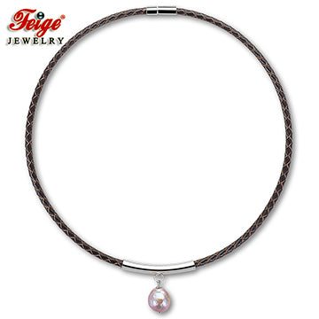 Brown Leather Rope Choker Pendant Necklace 12-13MM Baroque Purple Pearl Necklace Trendy Necklace Lady Best Gift