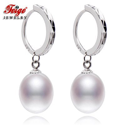 Classic Style 925 Sterling Silver Hoop Earrings For Women's 8-9mm Rice-shaped Natural Pearl Fine Jewelry