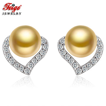 Fashion Heart Earrings 925 Silver Stud Earring 6-7mm Golden Pearl Earrings for Women Fine Jewelry Pendientes