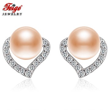 Fashion Heart Earrings Real 925 Silver Stud Earrings 6-7mm Pink Natural Pearl Earring for Women Fine Jewelry