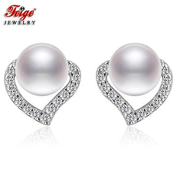 Fashion Heart Earrings Real 925 Sterling Silver Stud Earring 6-7mm White Pearl Earrings for Women Fine Jewelry
