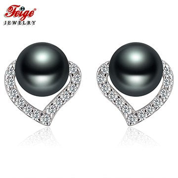 Fine Jewelry Heart Earring 925 Silver Stud Earring 6-7mm Black Pearl Earring for Women La moda Pendientes Perla