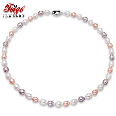 Genuine AAA 7-8mm Rice Shape Multicolor Pearl Necklace For Women's Choker Necklaces Fine Pearl Jewelry