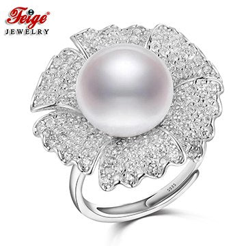 Luxury Elegant Big Flower Pearl Ring 925 Sterling Silver Ring Bijoux 12-13MM White Pearl Jewelry for Women Gift