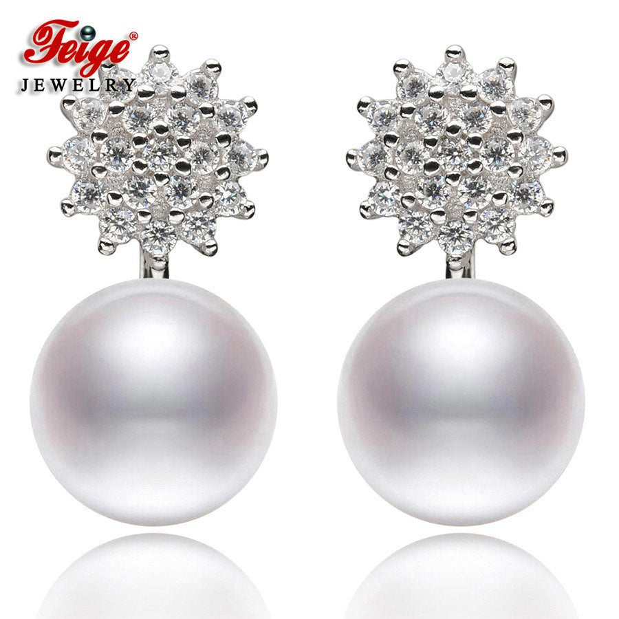 New Design 7-8mm White Natural Pearls 925 Sterling Silver Stud Earrings For Women's Brincos Fine Jewelry