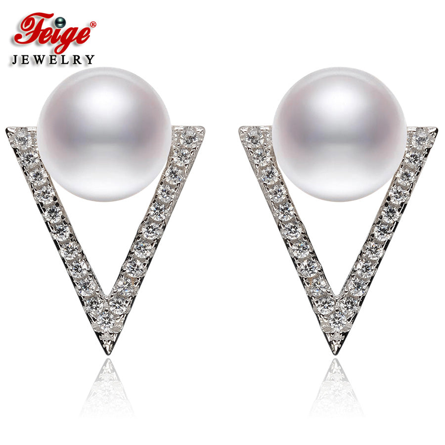New Design 8-9mm Natural Cultured Pearls Stud Earrings Women's 925 Sterling Silver Earrings Bride Pearl Jewelry