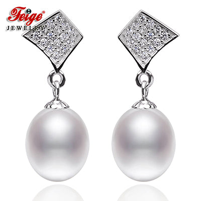 New Design 8-9mm White Natural Pearl Drop Earrings For Women's 100% 925 Sterling Silver Earrings Fine jewelry