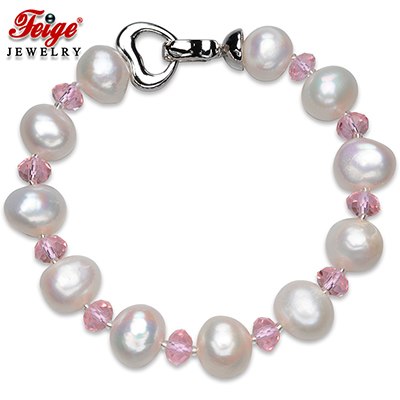 Peal Young Fashion Bracelet For Women,Genuine White Natural Pearl Bracelet 10-11MM,Pink Crystal ,Birthd Gift