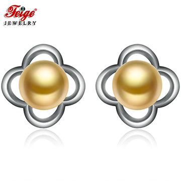 Pearl Jewelry 925 Sterling Silver Stud Earrings for Women 8-9MM Golden Pearl Earring Fine Jewelry for Lady Gift