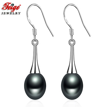Retro Style Pearl Earrings 8-9MM Black Cultured Pearls Anti-allergic Long Drop Earrings for Women Fashion Jewelry Brincos