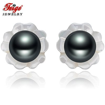 Shell Carvings 6-7mm Black Pearls 925 Sterling Silver Stud Earrings For Women's Exclusive Design Fine Jewelry