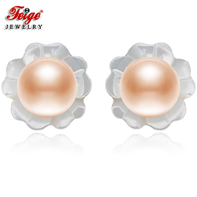 Shell Carvings 6-7mm Natural Pink Pearls 925 Sterling Silver Stud Earrings For Women's Exclusive Design Fine Jewelry