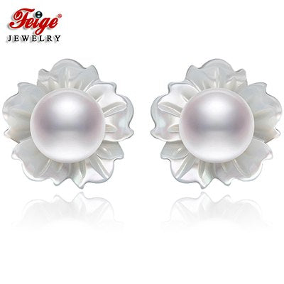 Shell Carvings 6-7mm Natural White Pearls 925 Sterling Silver Stud Earrings For Women Exclusive Design Fine Jewelry