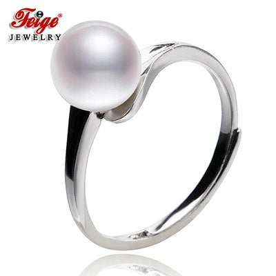 Simple style Pearl Rings For Women's 7-8mm White Natural Pearls 100% 925 Sterling Silver Rings Fine jewelry