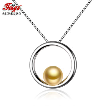 Simple style Real 925 Sterling Silver Pendant Necklaces 7-8mm Golden Pearl Necklace for Women Fine Jewelry