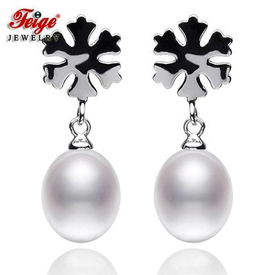 Snowflake-Shaped Pearl Earrings For Women's 8-9mm White Natural Pearl 925 Sterling Silver Earrings Fine jewelry