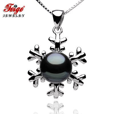 Snowflake-shaped 925 Sterling Silver Pendant Necklaces For Women's 8-9mm Black Cultured Pearls Fine Jewelry
